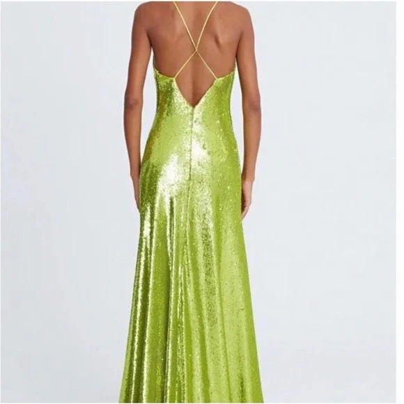 Halston Neon Kiara Green Sequin Deep V-Neck Slip Gown Floor Length Dress Size 10 - Picture 2 of 16